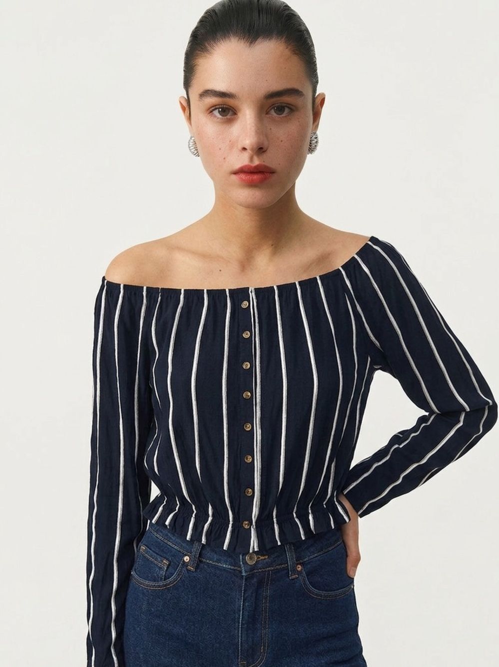 H&M | Navy and White Off-Shoulder Striped Button-Front Top Peplum Women’s Size M